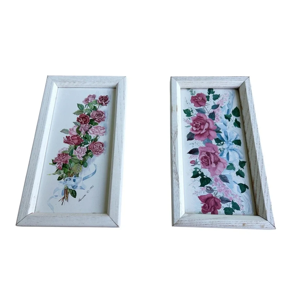 Vintage Signed 1990's Wall Hangings : Shabby Chic Pink Roses Pair Of Pictures